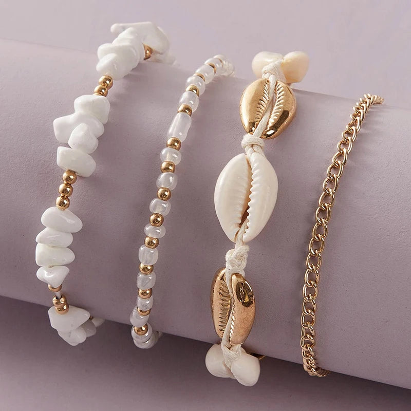 docona Boho Handmade Shell Seed Beads Anklet Set for Women Multilayer Broken Stones Summer Ocean Beach Foot Chains Jewelry 9426