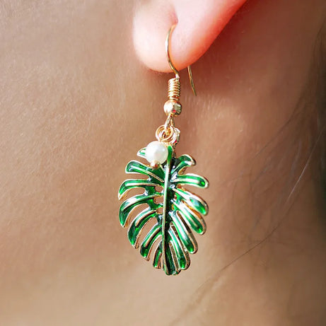 Green Enamel Coconut Leaf Pearl Drop Earrings Jewelry