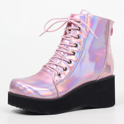 JIALUOWEI New Style Unisex's Shoes Punk Wedge Heel 7cm Pink Holographic Leather Halloween Costumes Gothic Ankle boots