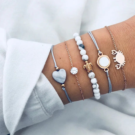 Boho Charm and Crystal Bead Bangle Bracelet Set