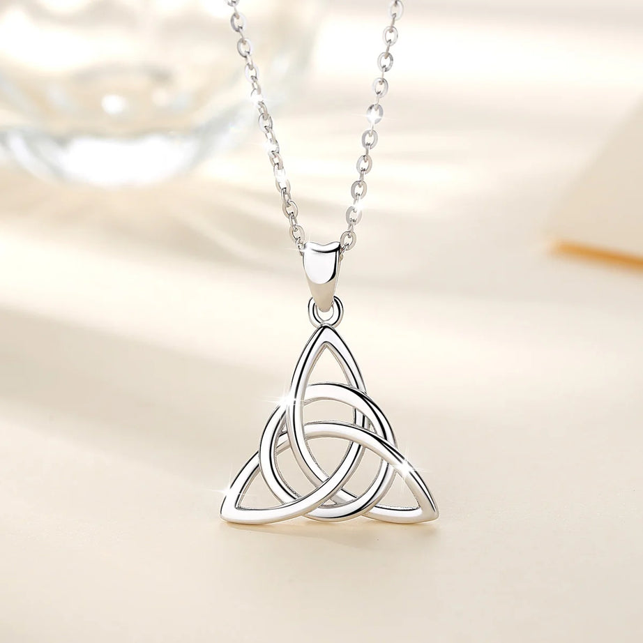 S925 Sterling Silver Celtic Knot Triangle Pendant Necklace, Purple CZ Sacred Geometry Amulet
