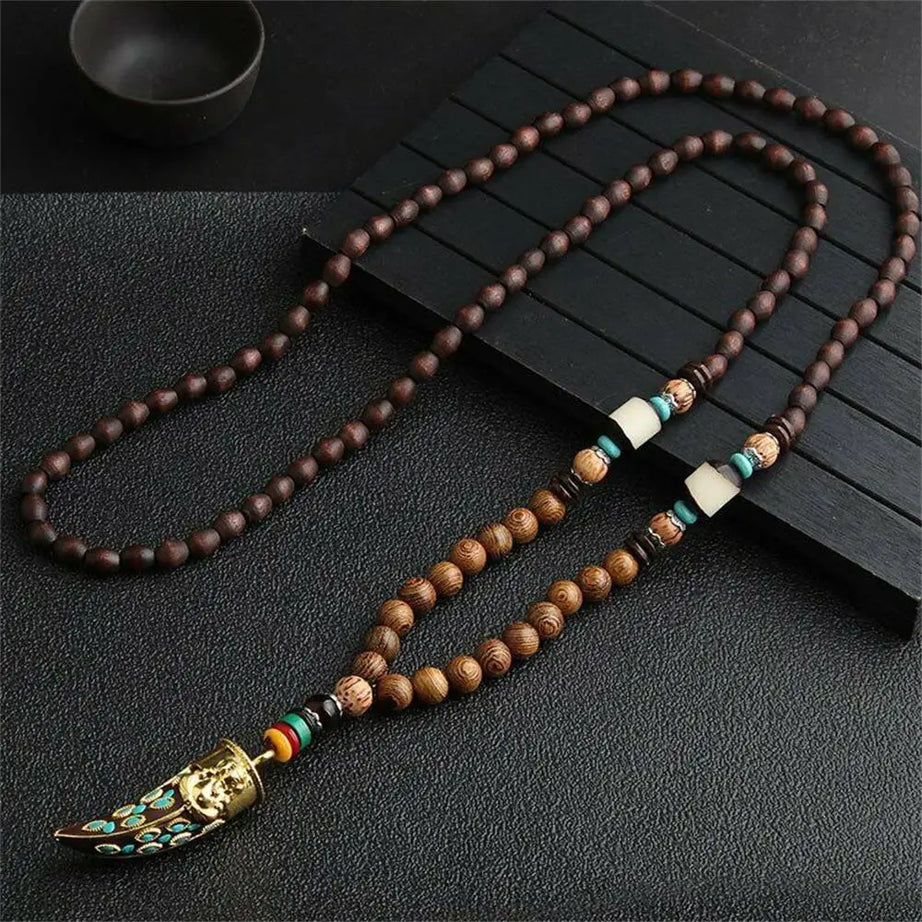Nepal Wood Bead Pendant Long Necklace Jewelry