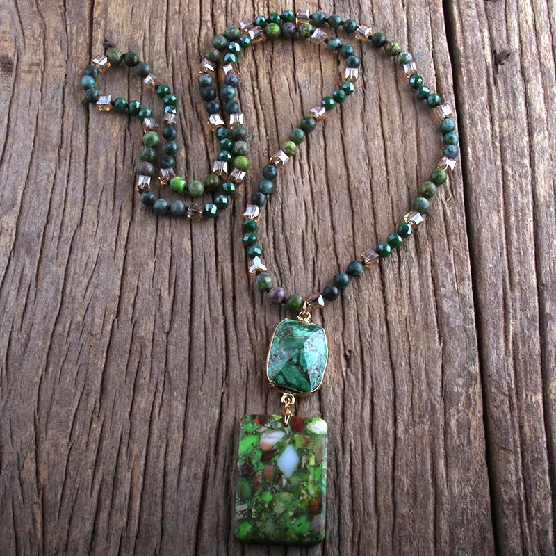 RH Fashion Bohemian Jewelry Natural Stones Crystal Stone Knotted Semi Precious Stone Boho Multi Pendant Necklace Women Gift