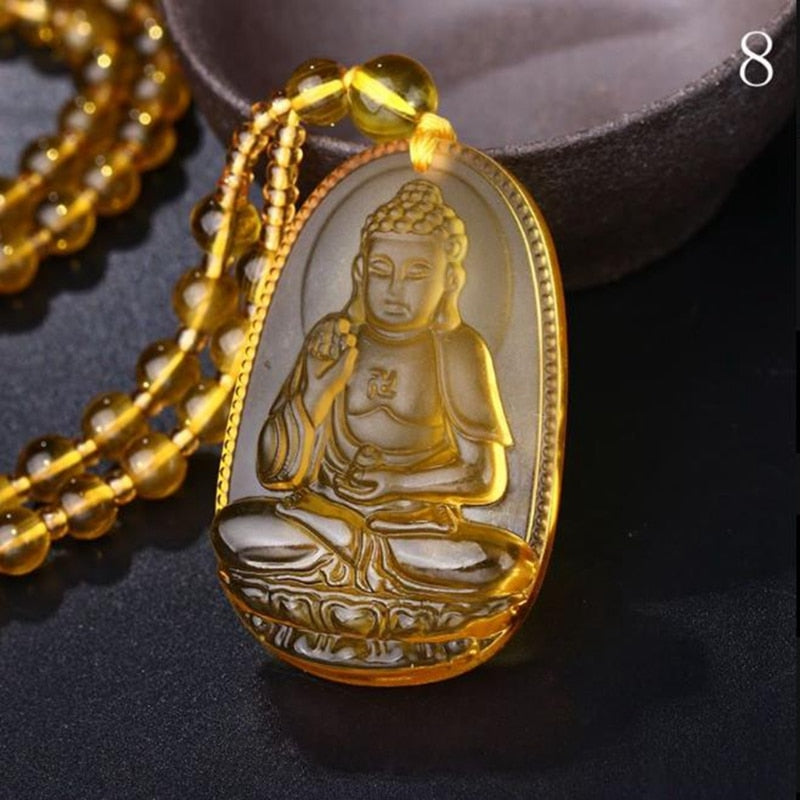 Buddha Guardian Gods Pendant Necklace For Women Men Carved Yellow Stone Amulet Necklaces Jewelry - Charlie Dolly