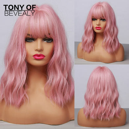 Medium Length Water Wave Synthetic Wigs Cute Pink Wigs With Bangs for Women Cosplay Natural Heat Resistant Bob Lolita Hair
