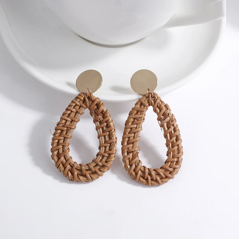 Wooden Rattan Braid Geometric Drop Earrings Jewelry