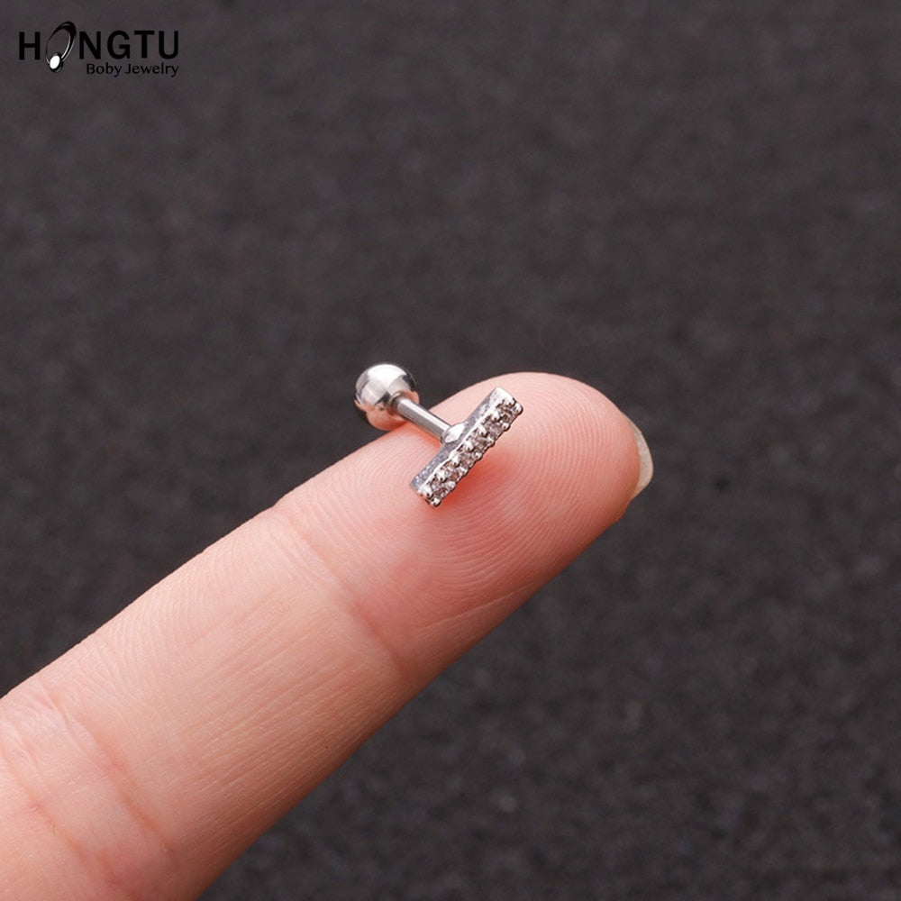HONGTU 1PC Copper Flower Heart Moon Zircon Tragus Ear Piercing Surgical Steel Shaft Bar Daith Earrings Helix Cartilage Studs 16g - Charlie Dolly