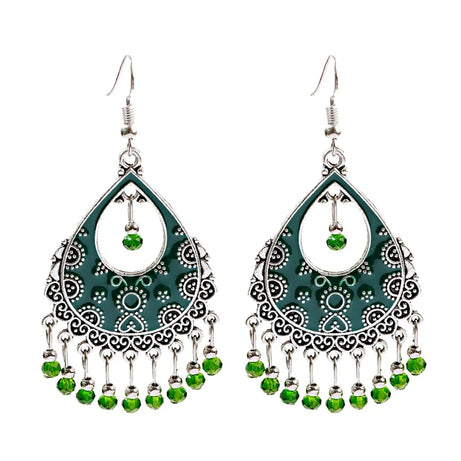 خمر الخرز الأحمر شرابة أقراط الزفاف الهندي Jhumka العتيقة بوهو الفضة اللون زهرة منحوتة إسقاط أقراط Brincos مجوهرات