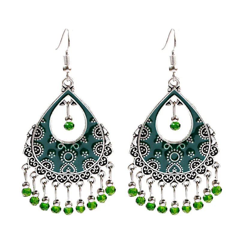 خمر الخرز الأحمر شرابة أقراط الزفاف الهندي Jhumka العتيقة بوهو الفضة اللون زهرة منحوتة إسقاط أقراط Brincos مجوهرات