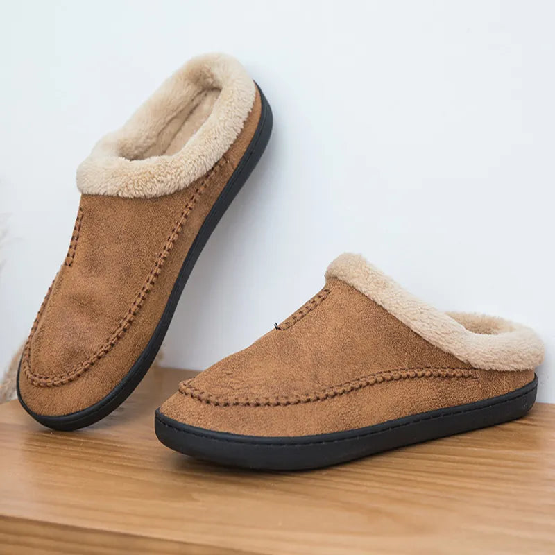 Men's Slippers Home Winter Indoor Plush Warm Shoes Thick Bottom Plush Waterproof Leather House Slippers Man Suede Cotton Shoes - Charlie Dolly