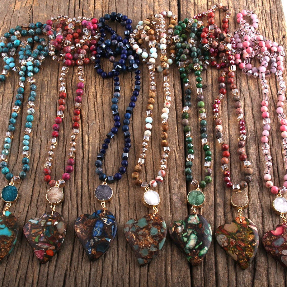 Fashion Bohemian Jewelry Boho Gift Natural Stones With Druzy Links Heart Stone Pendant Necklaces For Women - Charlie Dolly
