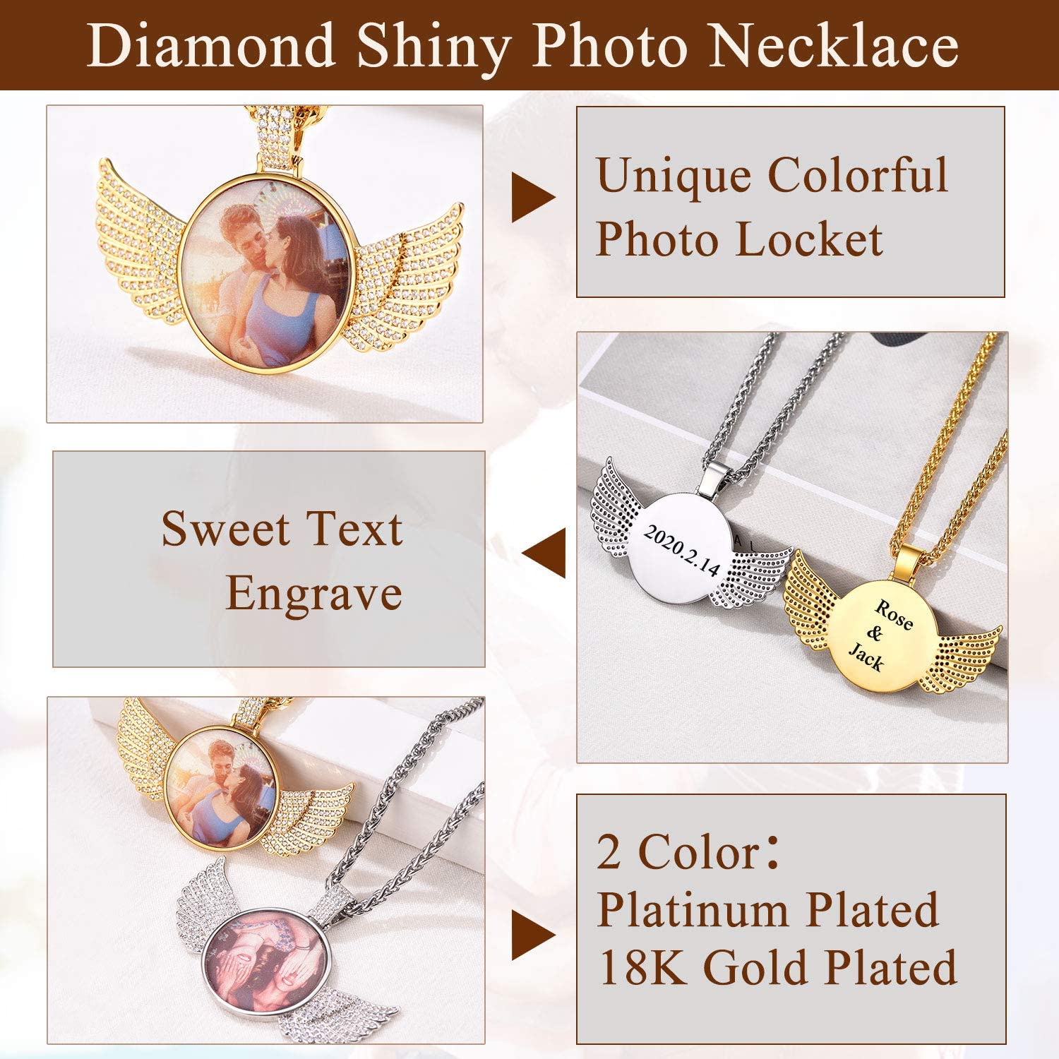 U7 Iced Out Custom Picture Necklace With Wings Bling Jewelry DIY Full CZ Pendant Personalized Hip Hop Necklace for Women Men - Charlie Dolly