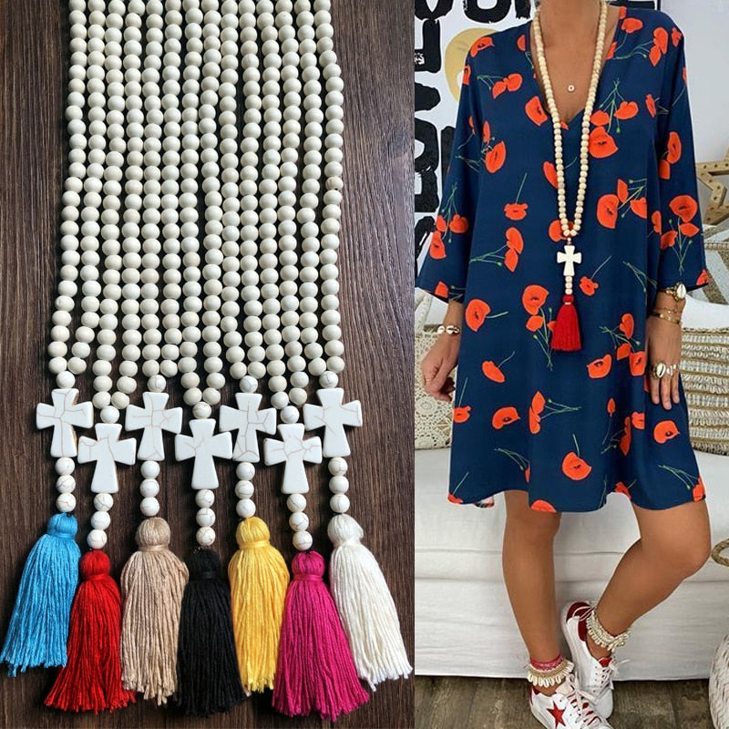 Yumfeel New Bohemian Necklace Handmade Stones Tassels Wood Beads Necklace Long Women Jewelry Gifts - Charlie Dolly
