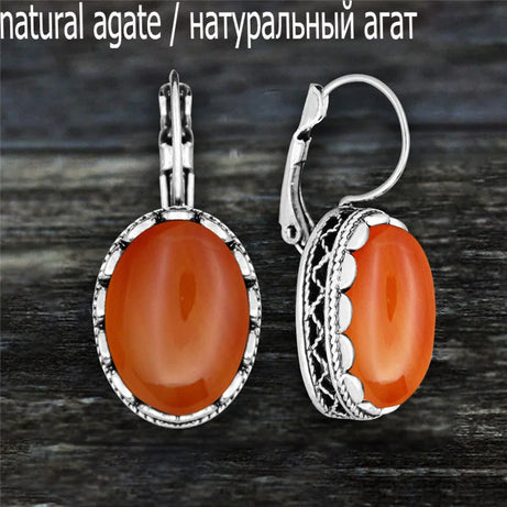 Oval Amethysts Earrings For Women Tibetan Silver Natural Stone Rose Quartz Lapis Lazuli Tiger Eye Fashion Earring - Charlie Dolly