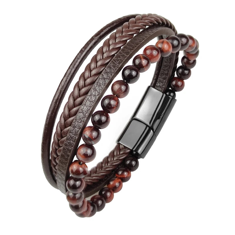 Boho Jewelry Beads Leather Charm Bracelet for Men Women Stainless Steel Natural Stone Rosary love Bracelet Bangle  Gift Wholesal