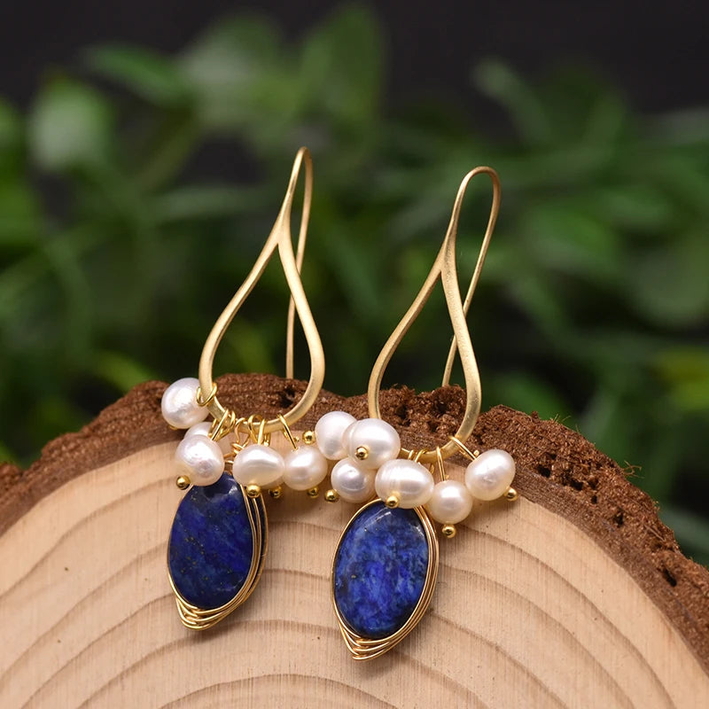 GLSEEVO Natural lapis lazuli Pearl Temperament Drop Earrings Women Girls Party Gift Original Design Luxury Jewellery Gift GE0988