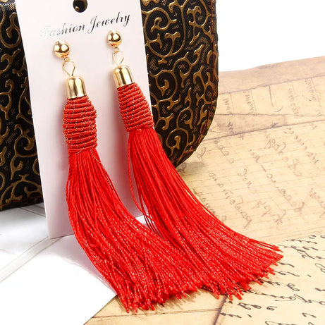 Hand Woven Silk Tassel Long Earrings Jewelry