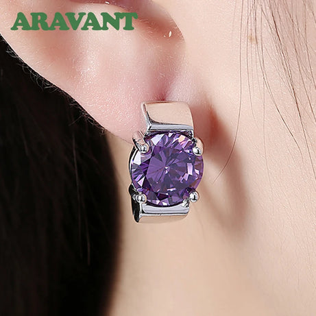 925 Silver Amethyst Hoop Earrings, Colorful Gemstone Wedding Jewelry