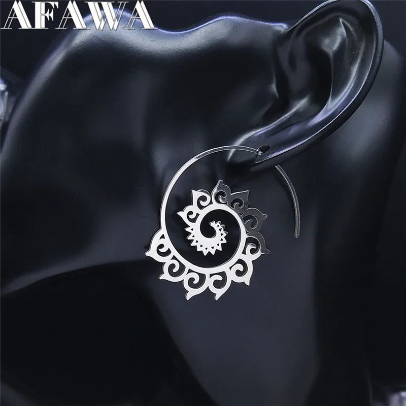 Indian Tribal Ethnic Stainless Steel Spiral Hoop Earrings Bohemian Mandala Flower Boho Earrings Women  Jewelry aros mujer E9205