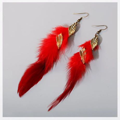 Gold Feather Leaf Long Boho Earrings Jewelry