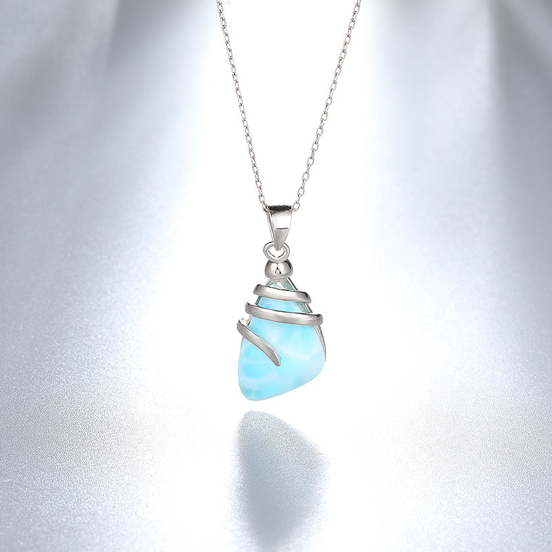 Shell Design 925 Sterling Silver Jewelry Gifts Classic Retro Precious Natural Larimar Pendant Necklace - Charlie Dolly