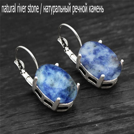 Vintage Natural Lapis Lazuli Tiger Eye Claw Cuff Earrings For Women Antique Silver Plated Natural Stone Unakite Fashion Earring - Charlie Dolly