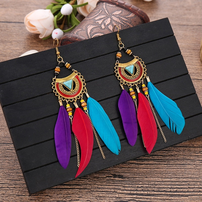 Bohemian White Semicircle Long  Feather Tassel Ladies Earrings Women Summer Indian Jewelry Natural Wood Beads Dangle Earrings - Charlie Dolly