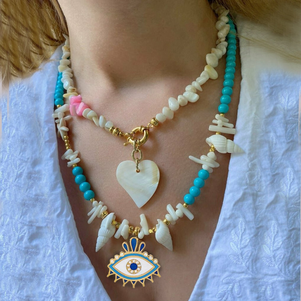 punk Exquisite beach bohemian boho red coral puka shell heart natural stone bead necklace women jewelry bijoux collar wholesale - Charlie Dolly