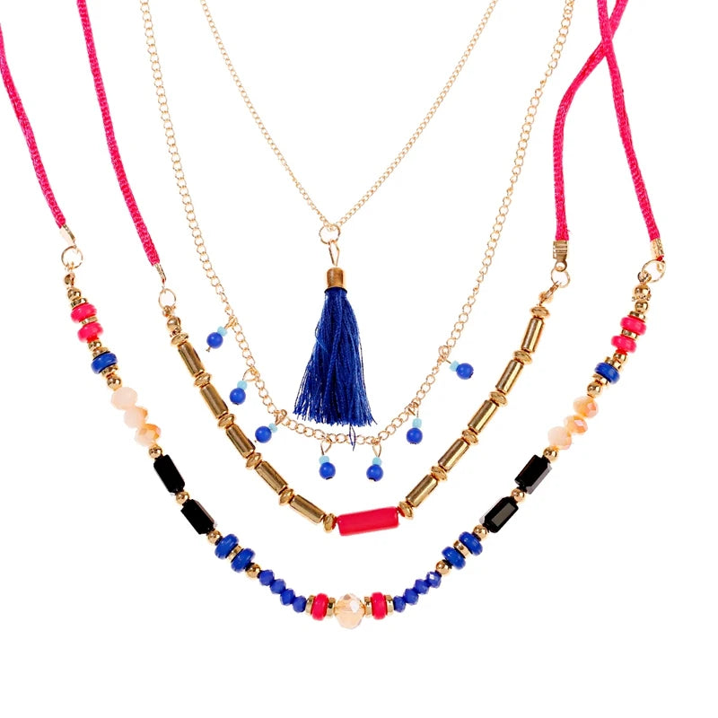 Woven Bead Multilayer Tassel Choker Necklace Jewelry