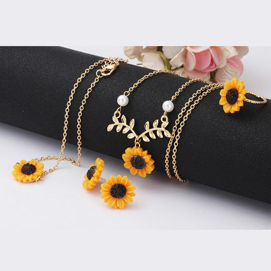 Fashion Creative Sunflower Sun Flower Rose Gold, Gold-Color, Silver-Color Necklace,4 Sets Of Accessories,Trendy Daisy Jewelry - Charlie Dolly