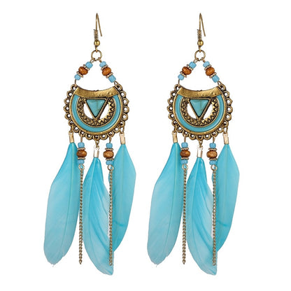 Bohemian White Semicircle Long  Feather Tassel Ladies Earrings Women Summer Indian Jewelry Natural Wood Beads Dangle Earrings