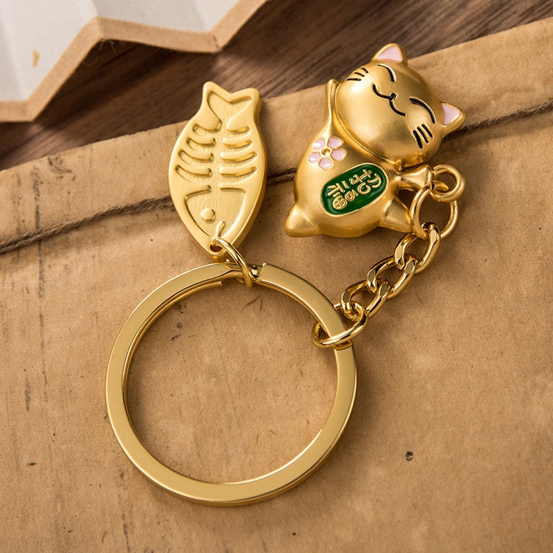 Maneki Neko Japan Lucky Cat Keychain Kawaii Trinkets Alloy Accessory Car Bag Pendant Key Chain Pray Golden Keyfob Couple Gift - Charlie Dolly