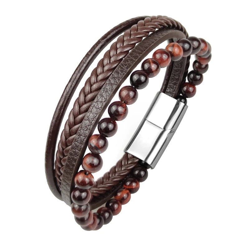 Boho Jewelry Beads Leather Charm Bracelet for Men Women Stainless Steel Natural Stone Rosary love Bracelet Bangle  Gift Wholesal