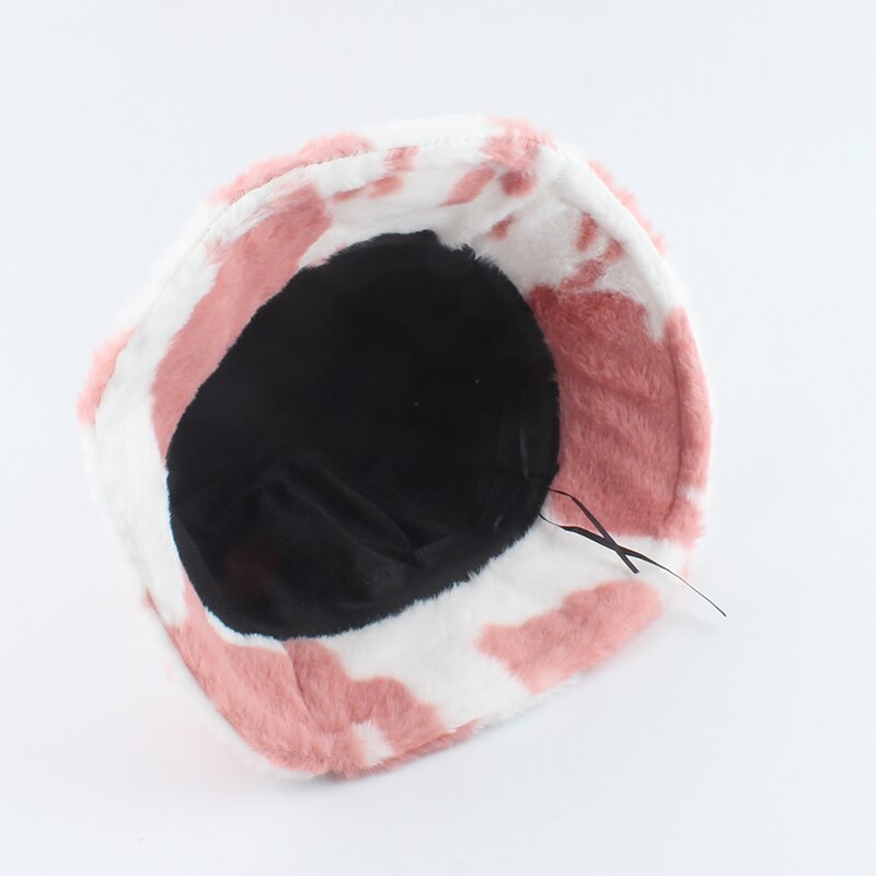 2021 New Fashion Korean Pink Cow Print Bucket Hat Faux Fur Winter Hats For Women Warm Plush Fisherman Caps - Charlie Dolly