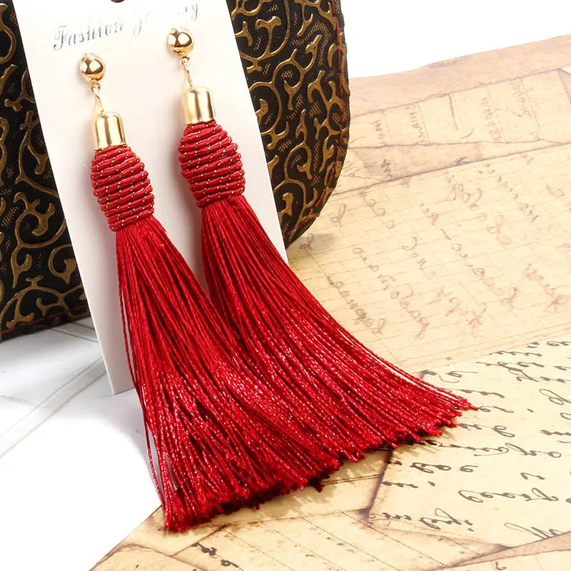 Bohemia Hand-Woven Tassel Dangle Earrings For Women Ethnic Silk Fabric Long Drop Earring New Female Boho Jewelry Gift