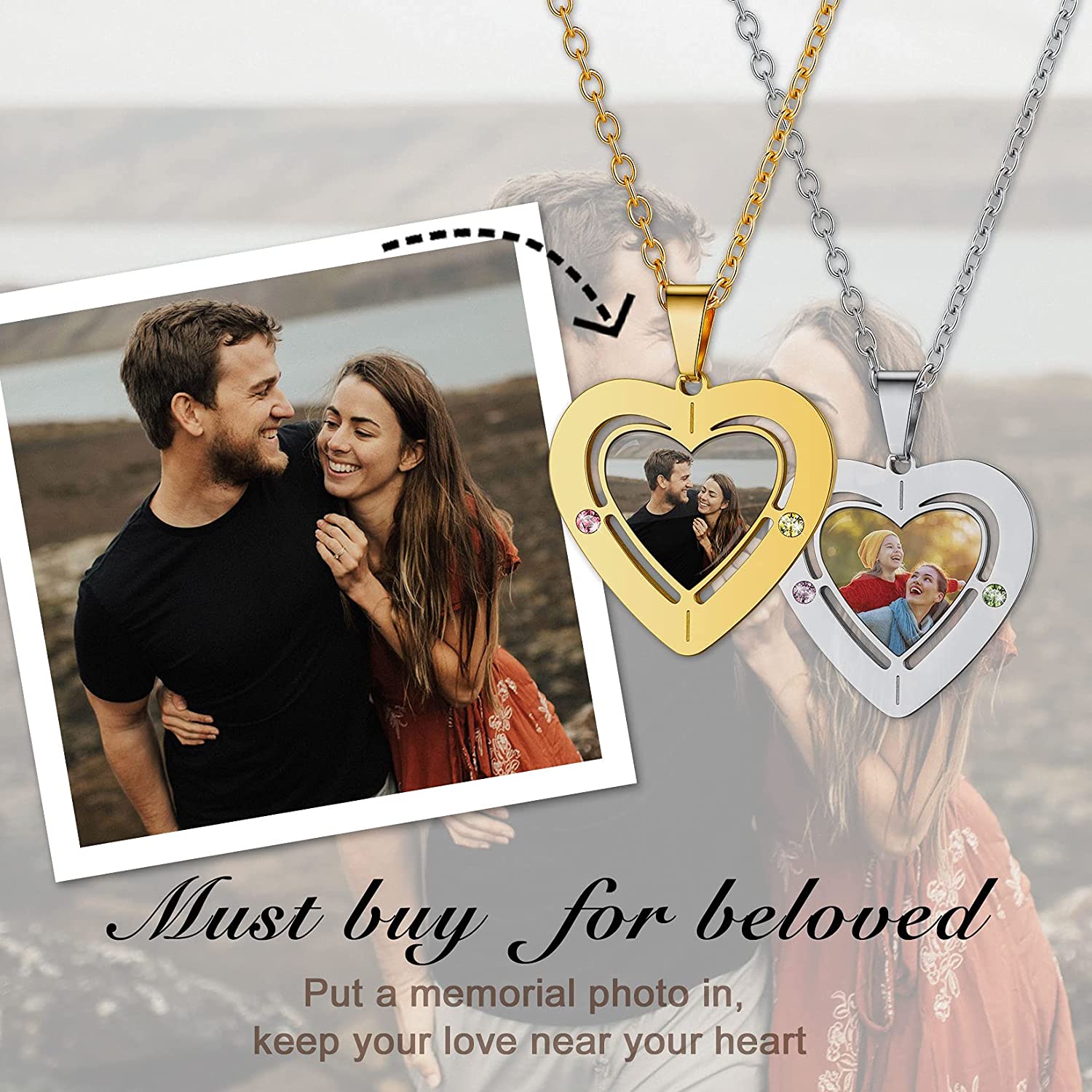 U7 Heart Necklace with 2-3 Birthstone Name Engraved Stainless Steel Custom Picture Pendant Necklaces for Women Girl - Charlie Dolly