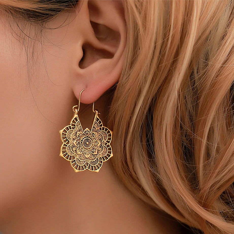 Mandala Antique Hoop Dangle Earrings Jewelry