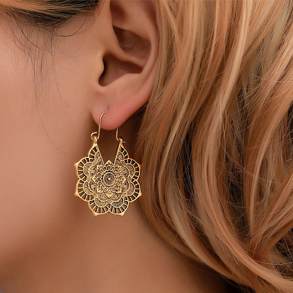 FSUNION 2025 New Femme Oorbellen Antique Gypsy Indian Tribal Ethnic Hoop Dangle Mandala Earrings Boho Boucle Doreille