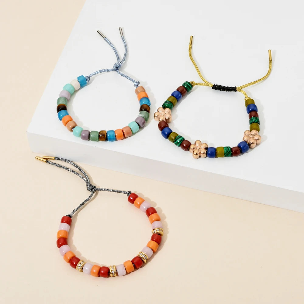 Vintage Boho Handmade Pull Tie on Rope Bracelet DIY Natural Stones Crystal Charm Beads Stone Trendy Bracelet Lucky Jewelry