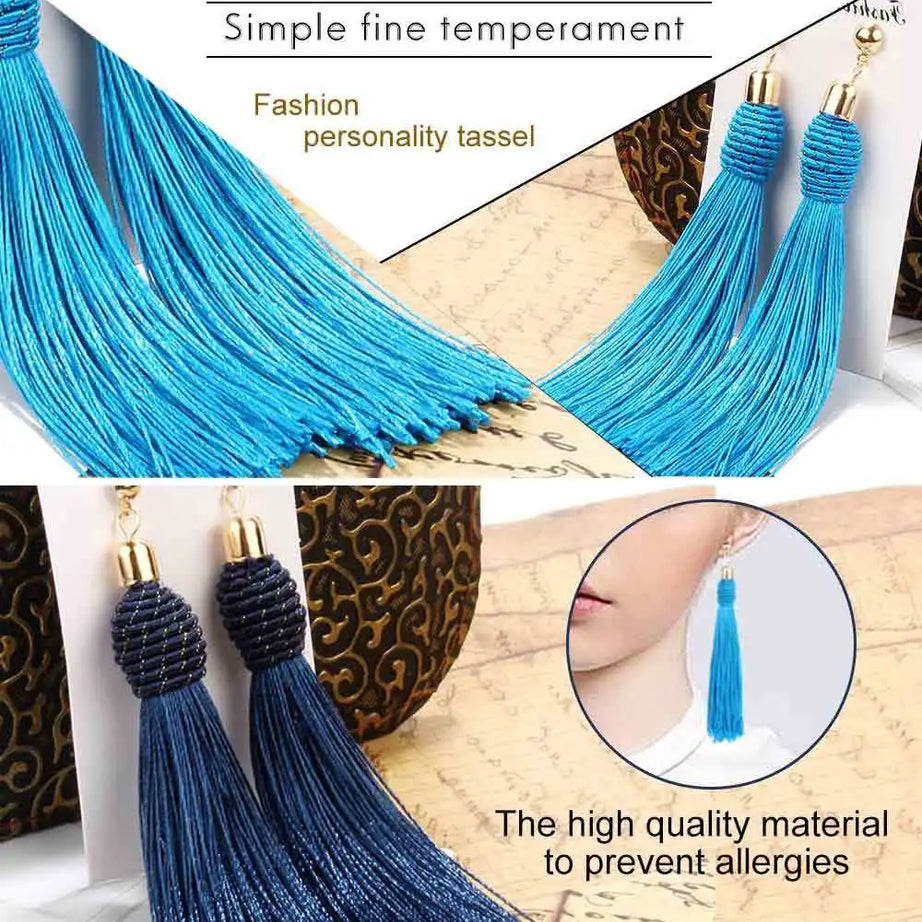 Hand Woven Silk Tassel Long Earrings Jewelry