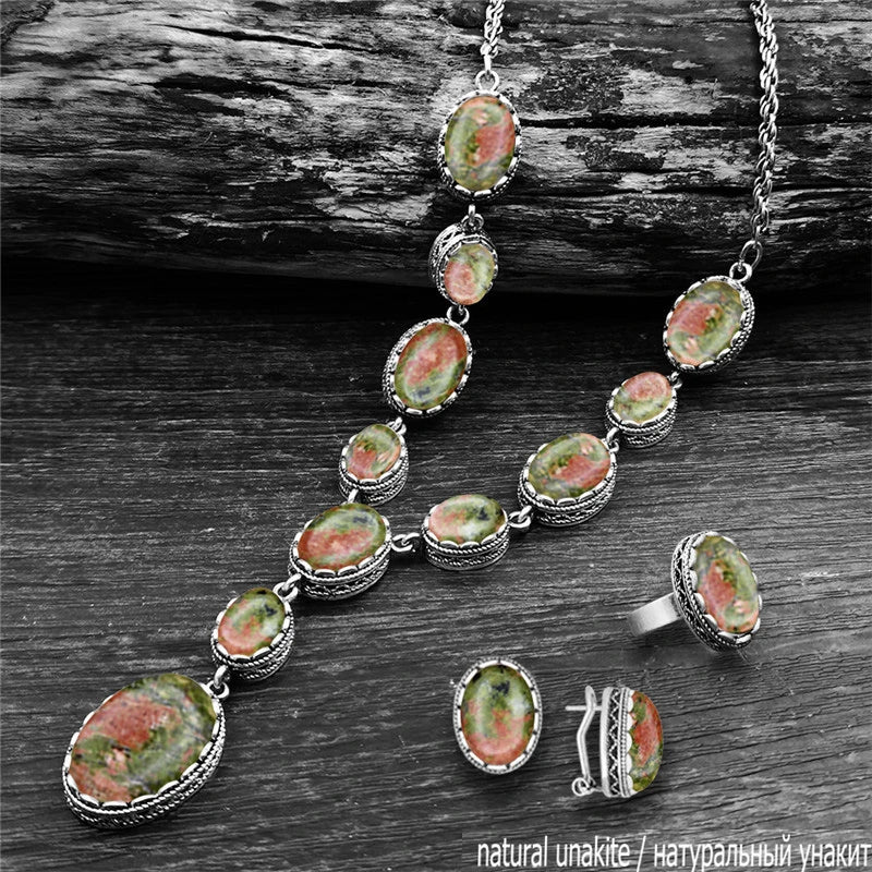 Vintage Natural Lapis Lazuli Necklace Ring Stud Earring Jewelry Sets Antique Silver Plated Quartz Unakite Stone Quartz Set