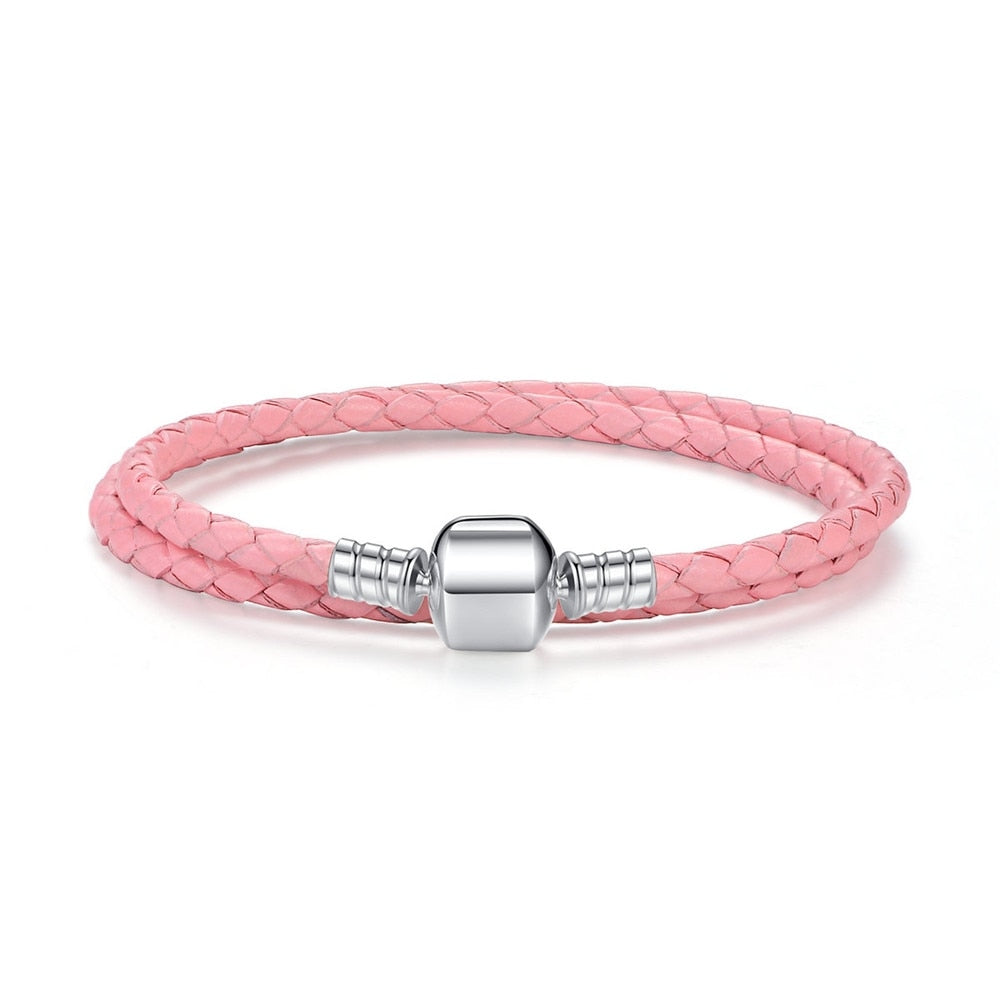 BAMOER Genuine Long Double Pink Black Braided Leather Chain Women Bracelets with 925 Sterling Silver Snake Clasp PAS908 - Charlie Dolly