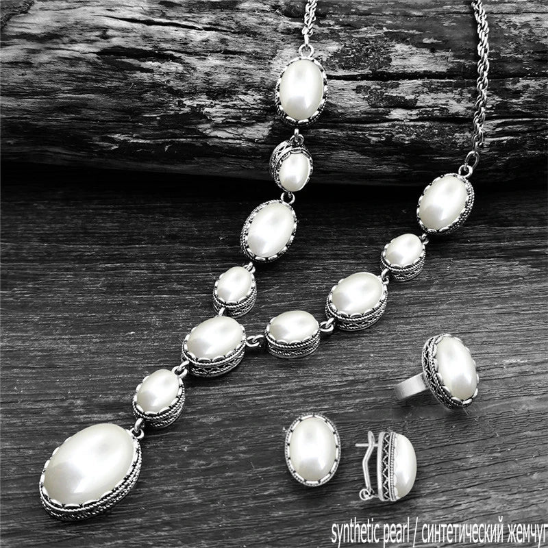Vintage Natural Lapis Lazuli Necklace Ring Stud Earring Jewelry Sets Antique Silver Plated Quartz Unakite Stone Quartz Set