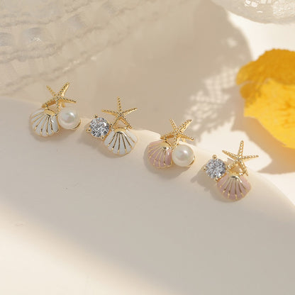 Starfish Shell Stud Earrings for Women Small Cute Earrings with Imitation Pearl Fashion Banquet Wedding Jewelry