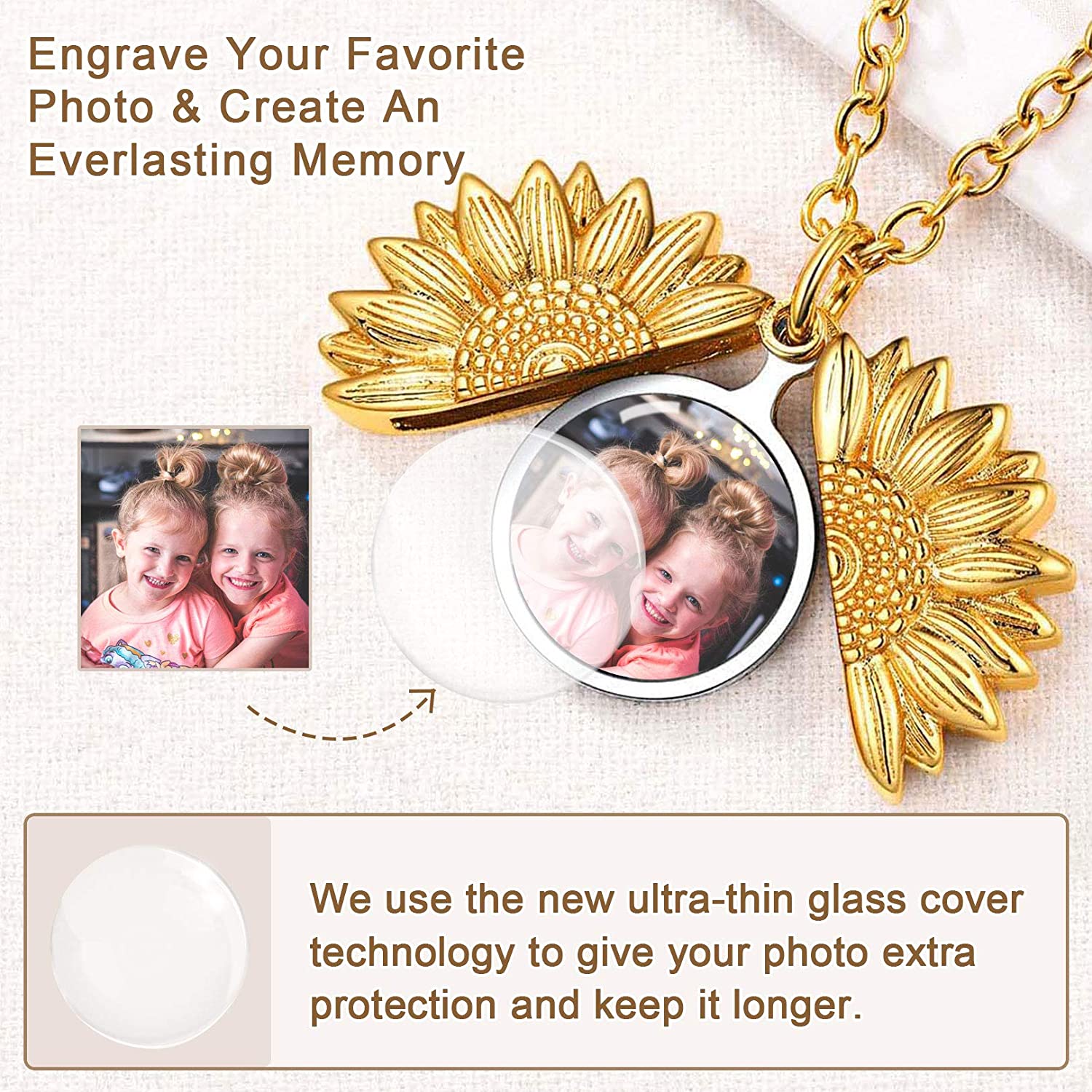 U7 Picture Sunflower Locket for Women Customized Photo Memory Locket Necklace - Charlie Dolly