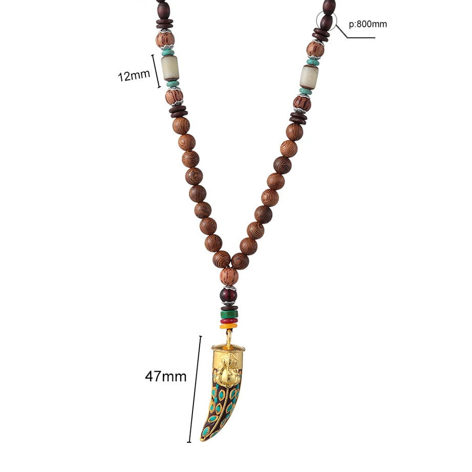 Nepal Wood Bead Pendant Long Necklace Jewelry