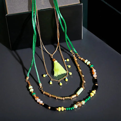 Woven Bead Multilayer Tassel Choker Necklace Jewelry