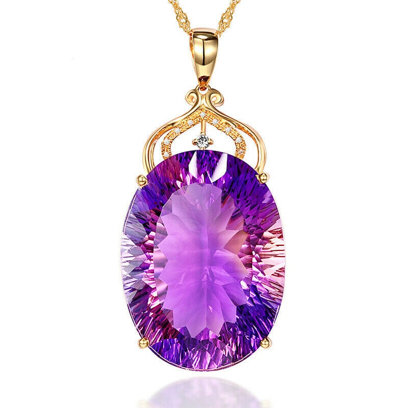 Gemstone Charm18k Gold Plated 36CT Amethyst Color Oval Crystal Pendant Necklace Lady Wedding Jewelry