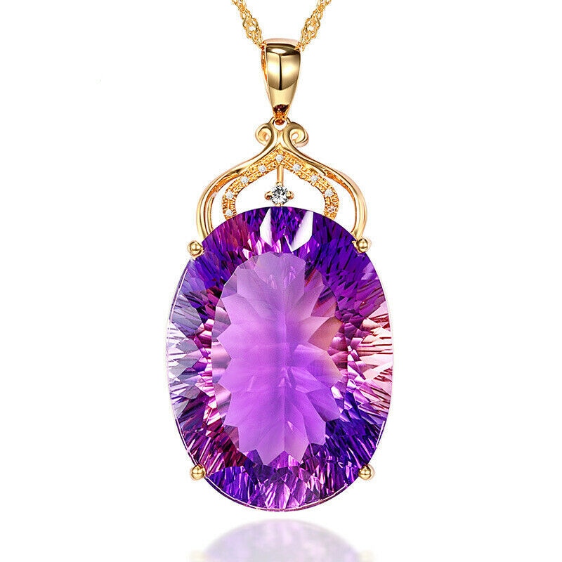 Gemstone Charm18k Gold Plated 36CT Amethyst Color Oval Crystal Pendant Necklace Lady Wedding Jewelry - Charlie Dolly