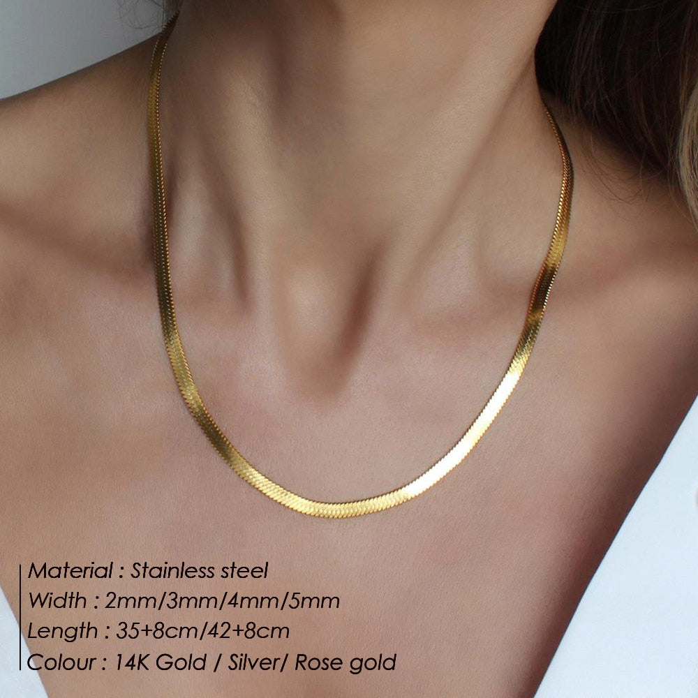 Hot Fashion Unisex Snake Chain Women Necklace Choker Stainless Steel Herringbone Gold Color Chain Necklace For Women Jewelry